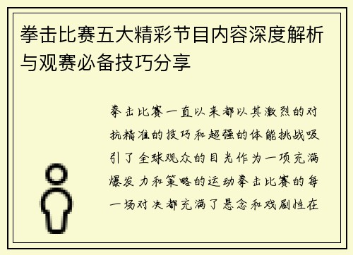 拳击比赛五大精彩节目内容深度解析与观赛必备技巧分享