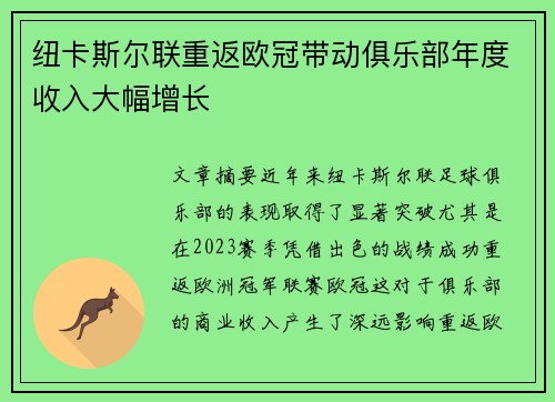 纽卡斯尔联重返欧冠带动俱乐部年度收入大幅增长